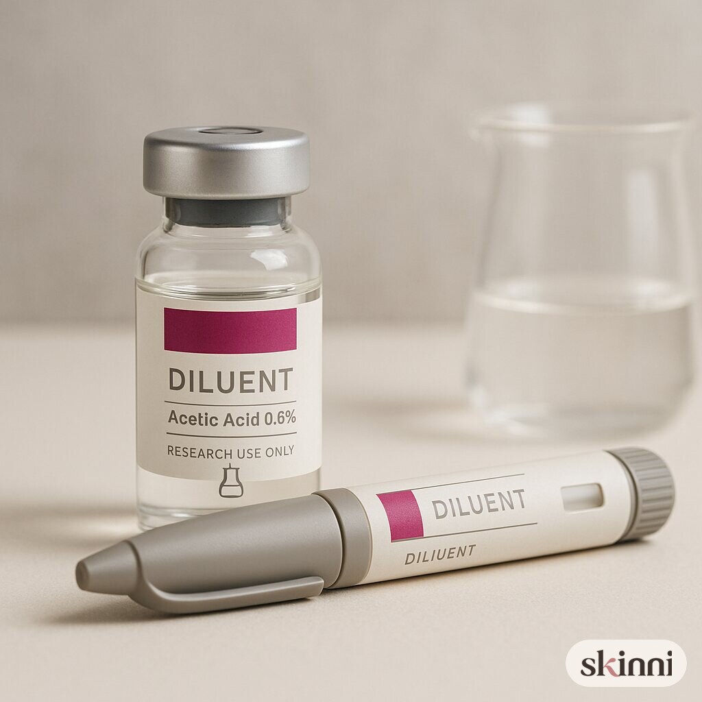 A clear Acetic Acid 0.6% research vial on a coloured plaster ledge, with botanicals beside it