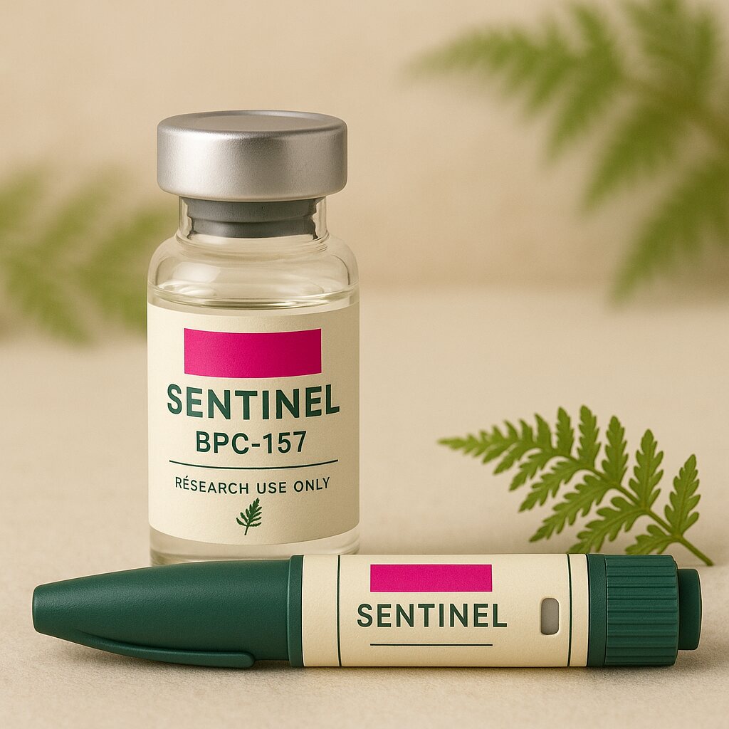 A clear BPC-157 research vial on a coloured plaster ledge, with botanicals beside it