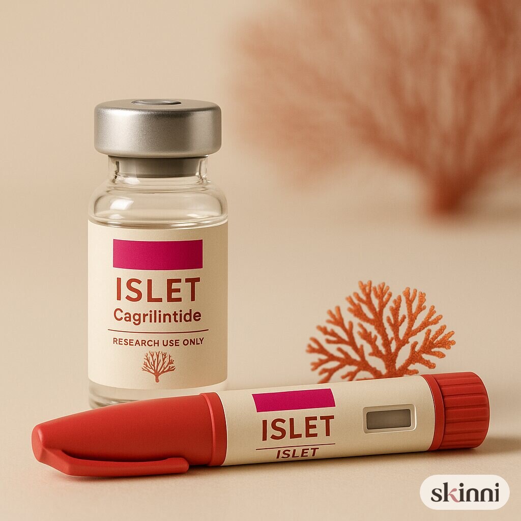 A clear Cagrilintide research vial on a coloured plaster ledge, with botanicals beside it