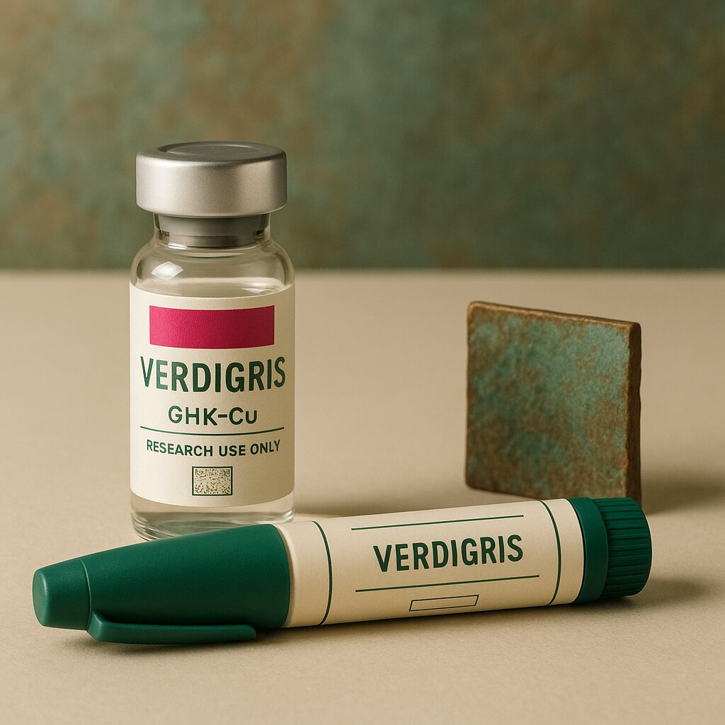 A clear GHK-Cu research vial on a coloured plaster ledge, with botanicals beside it
