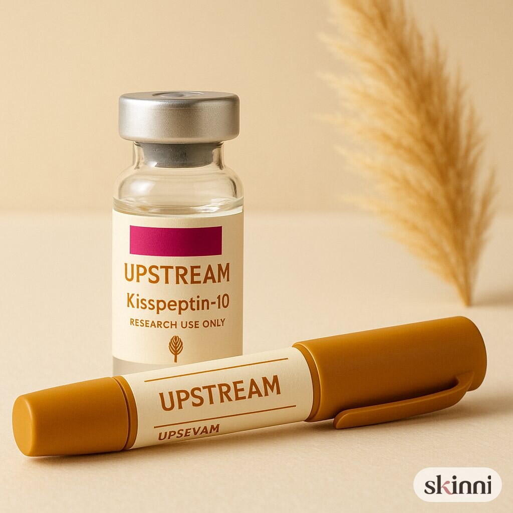 A clear Kisspeptin-10 research vial on a coloured plaster ledge, with botanicals beside it