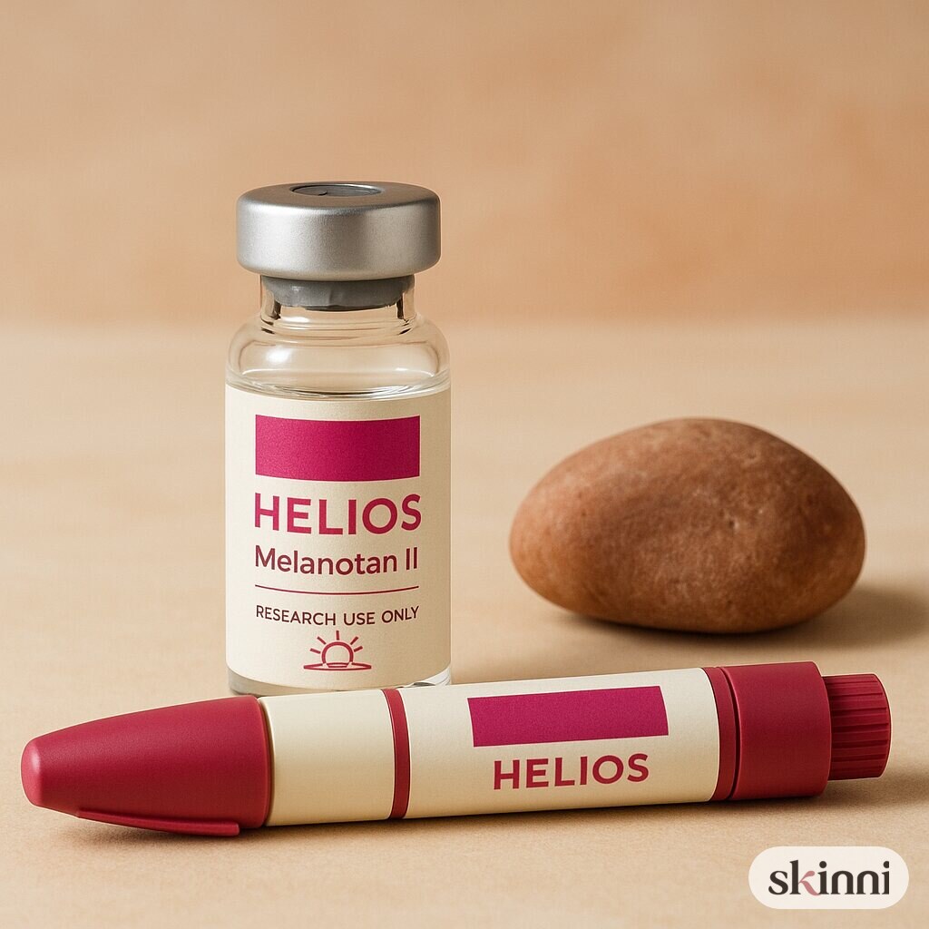 A clear Melanotan II research vial on a coloured plaster ledge, with botanicals beside it