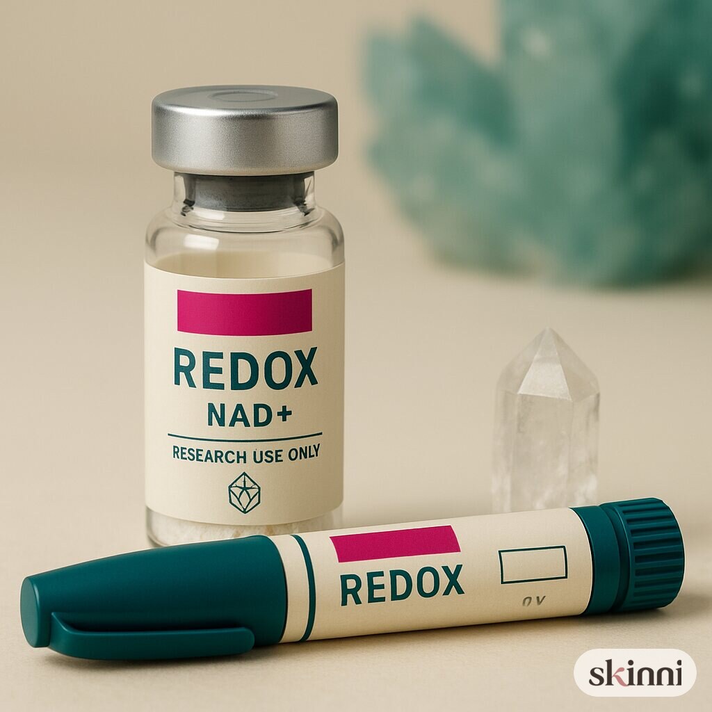 A clear NAD+ research vial on a coloured plaster ledge, with botanicals beside it