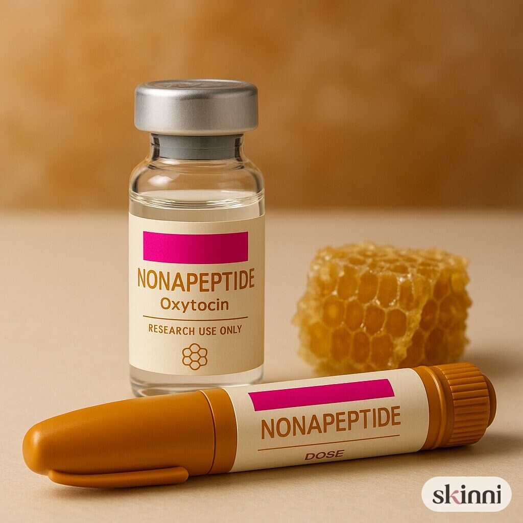 A clear Oxytocin research vial on a coloured plaster ledge, with botanicals beside it