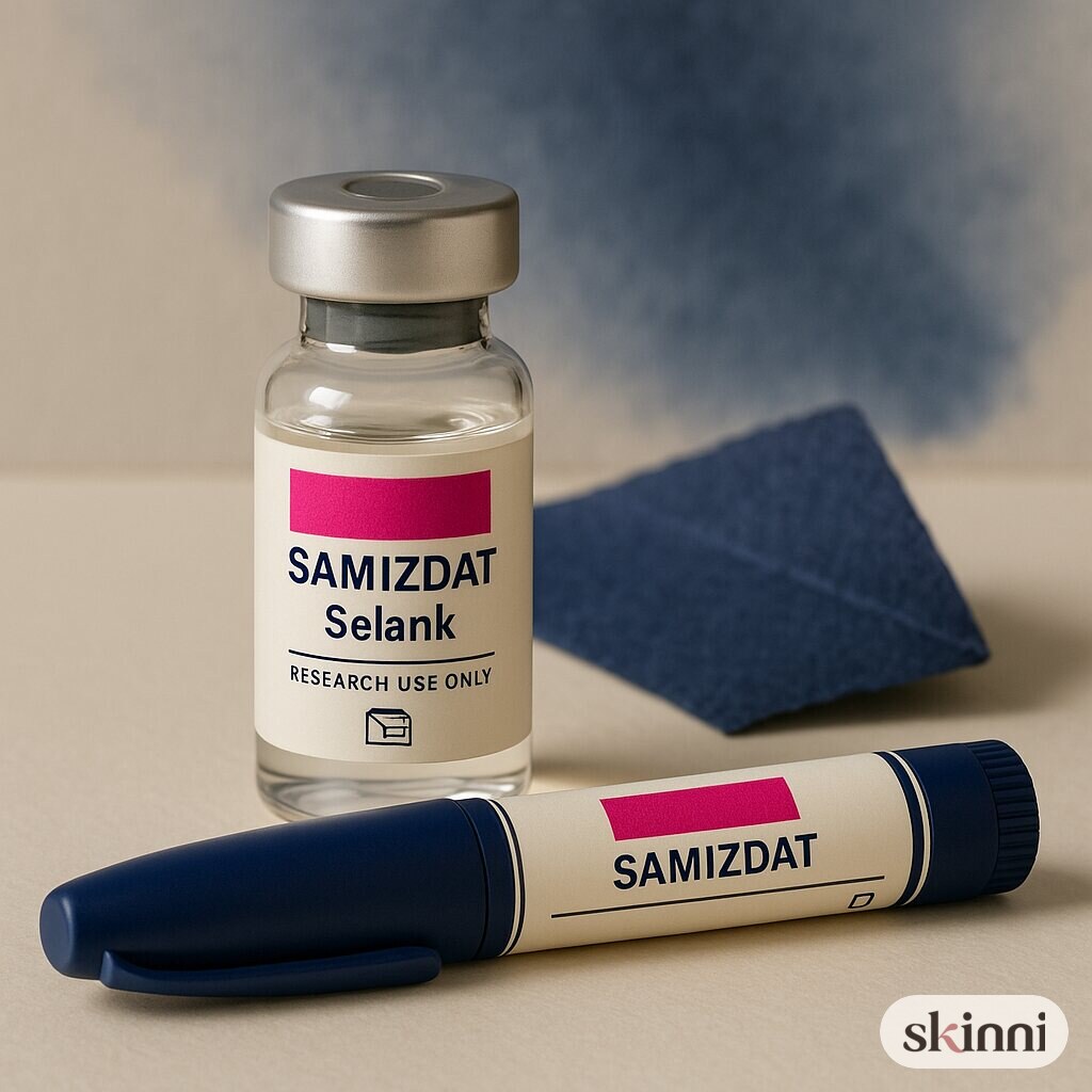 A clear Selank research vial on a coloured plaster ledge, with botanicals beside it