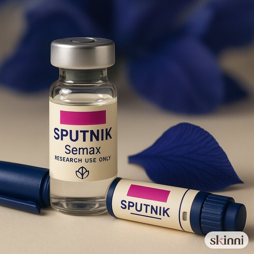 A clear Semax research vial on a coloured plaster ledge, with botanicals beside it