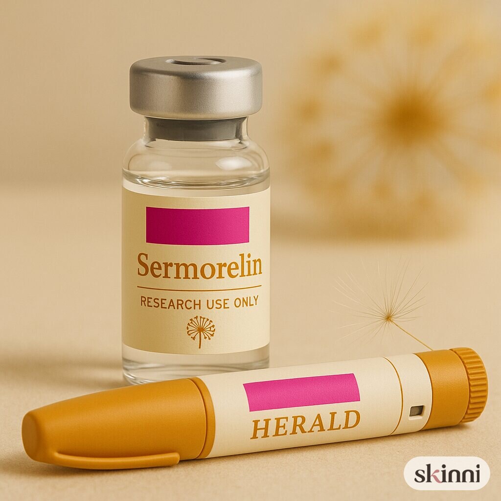 A clear Sermorelin research vial on a coloured plaster ledge, with botanicals beside it