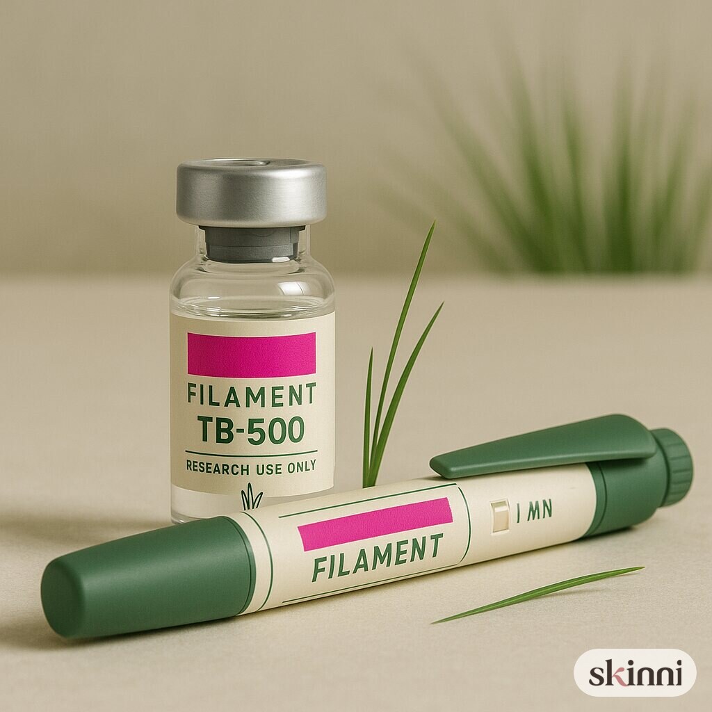 A clear TB-500 research vial on a coloured plaster ledge, with botanicals beside it