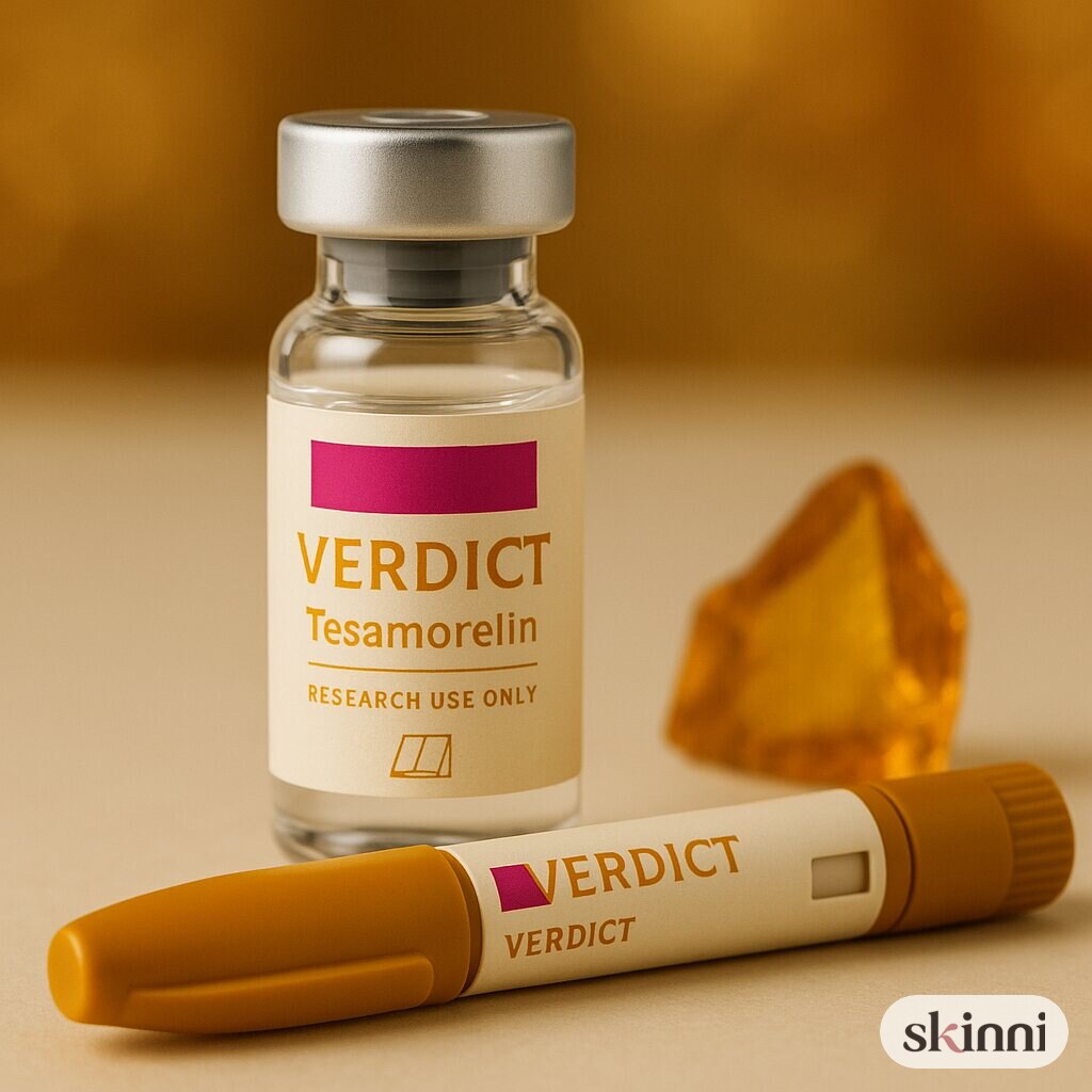A clear Tesamorelin research vial on a coloured plaster ledge, with botanicals beside it
