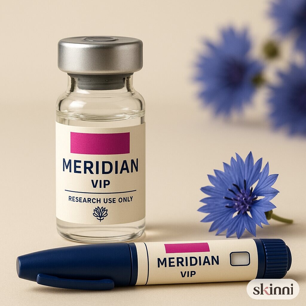 A clear VIP research vial on a coloured plaster ledge, with botanicals beside it