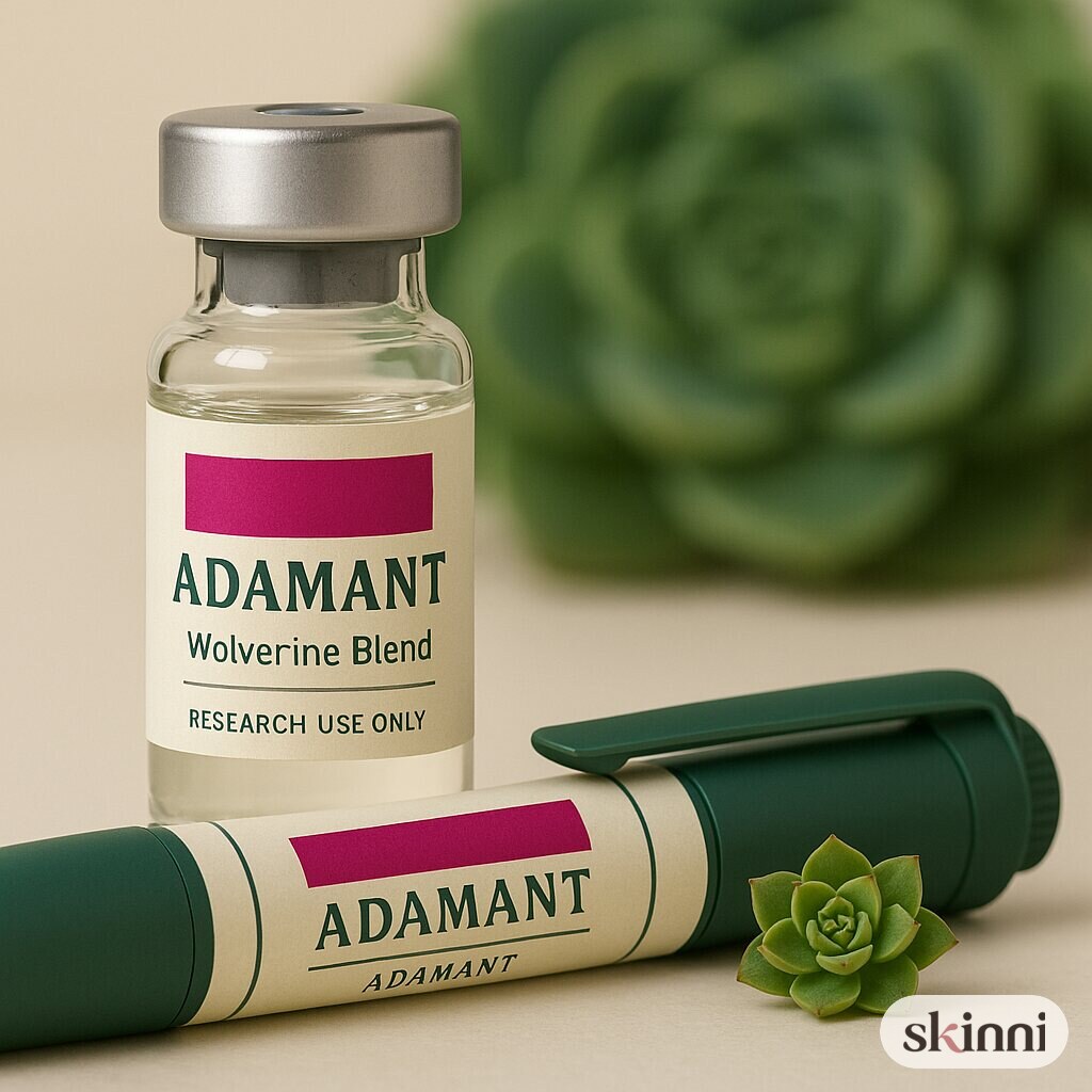 A clear Wolverine Blend research vial on a coloured plaster ledge, with botanicals beside it