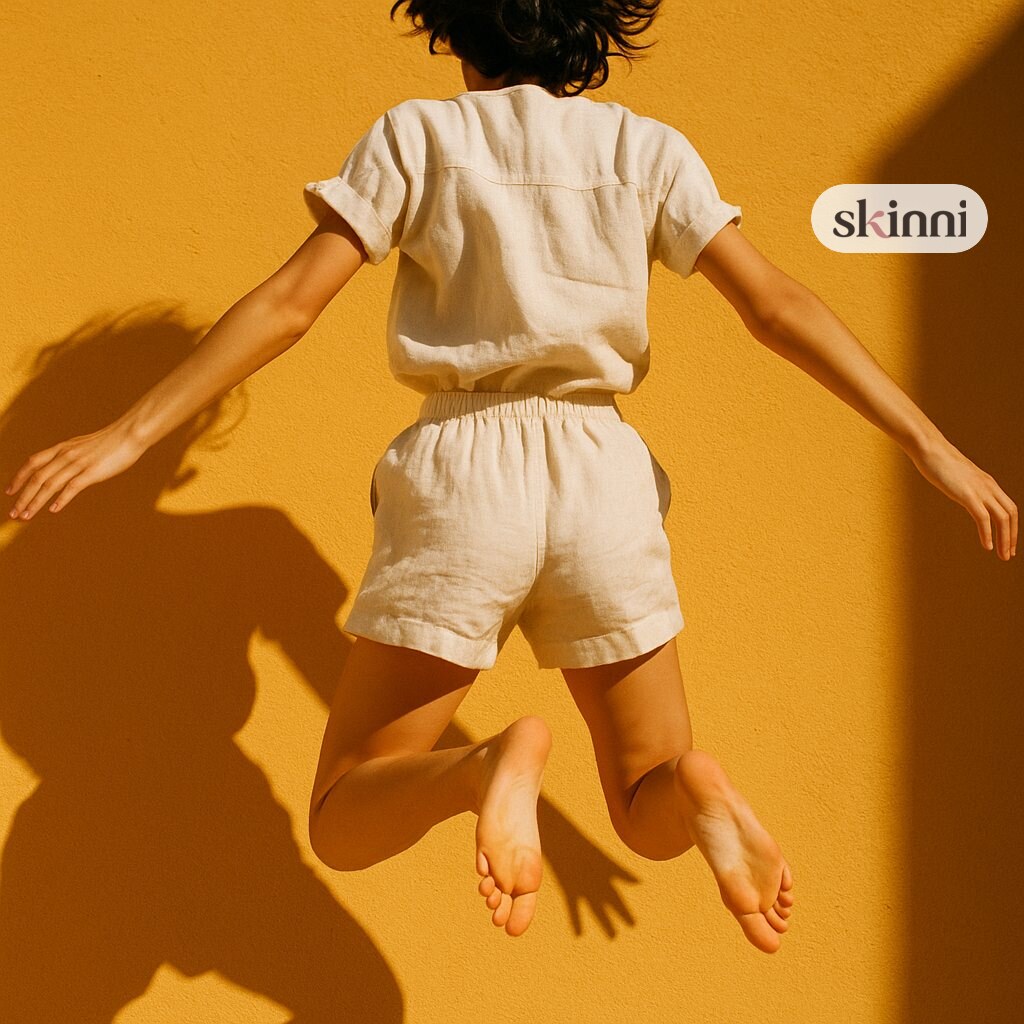 A young woman mid-jump against a marigold wall, photographed from behind