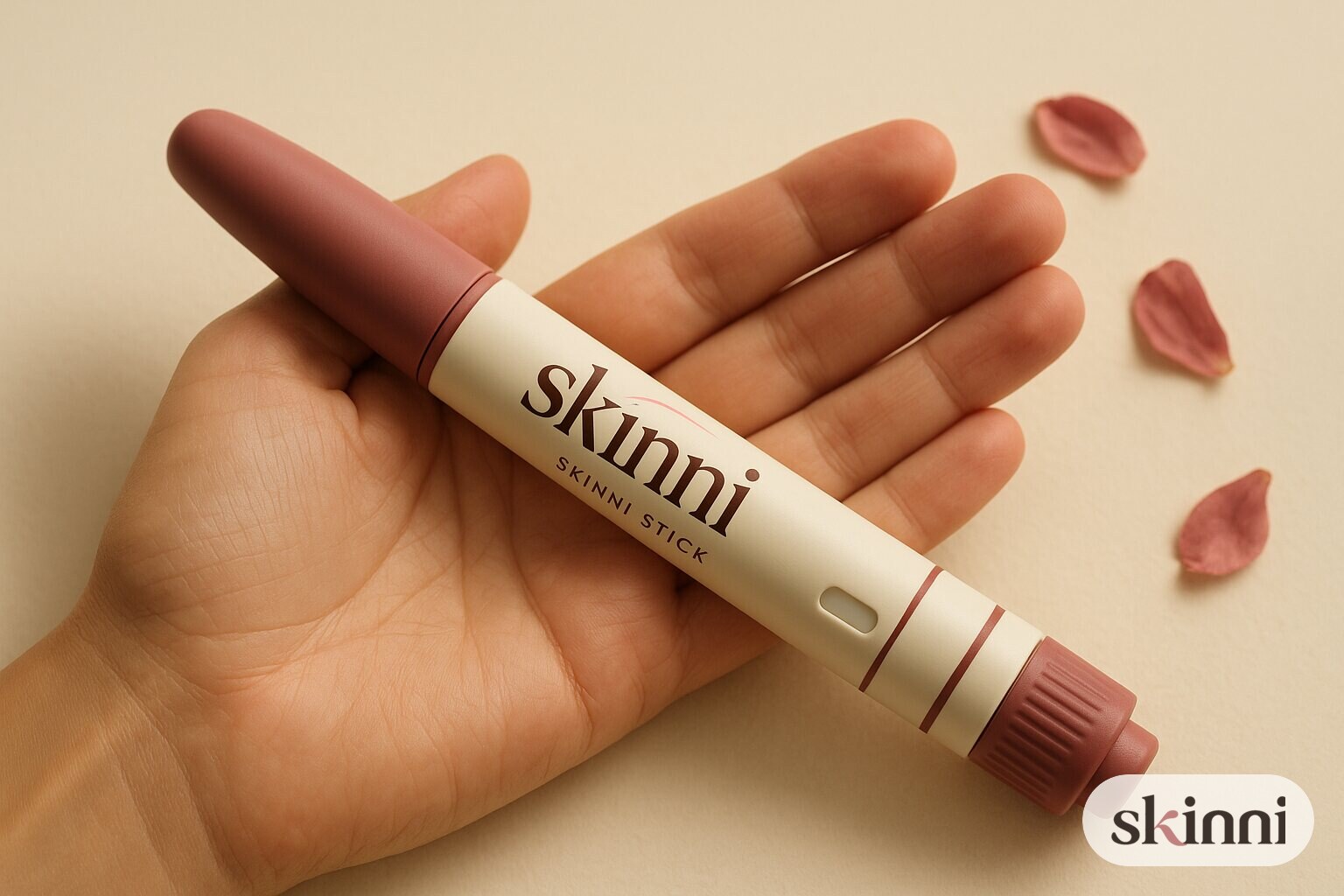 Two hands holding a Skinni Stick against warm paper, scattered rose petals.